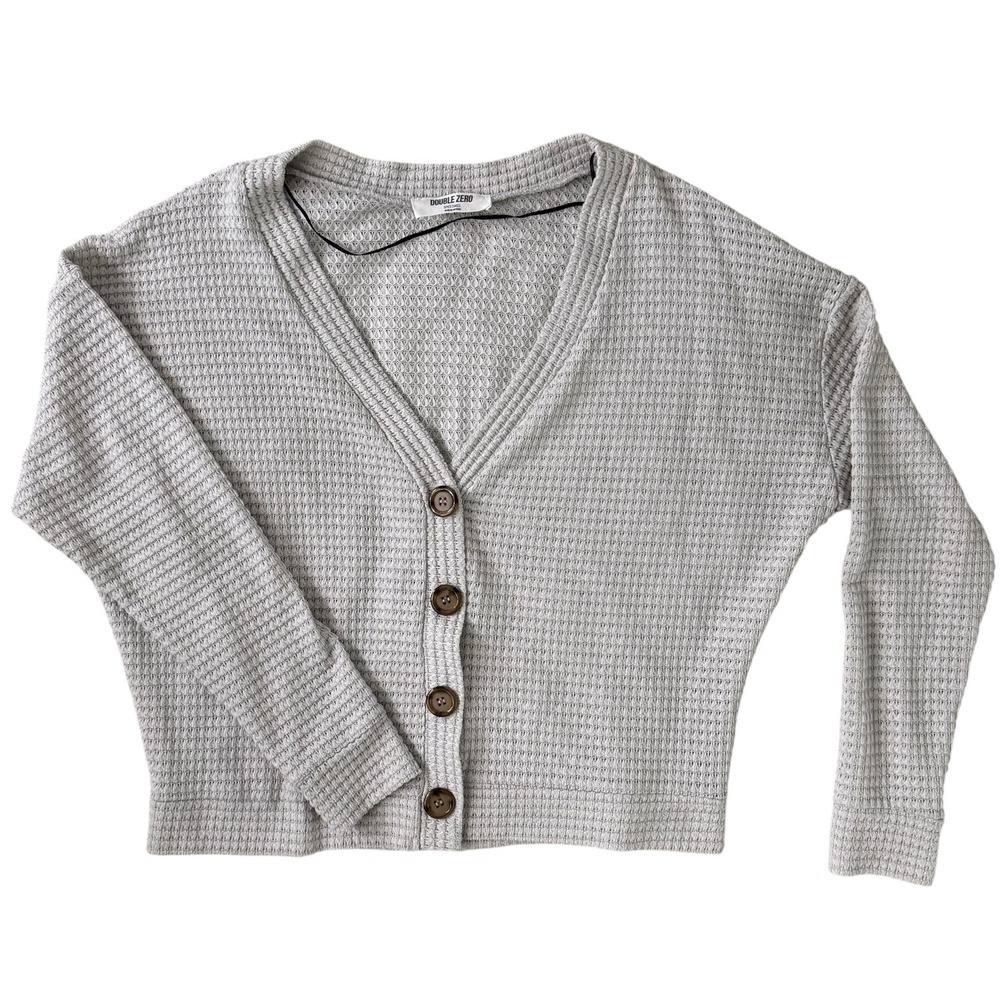 Double Zero Gray Waffle Knit Button Cropped Cardi… - image 3